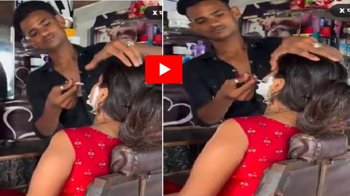 girl getting shave in barber shop