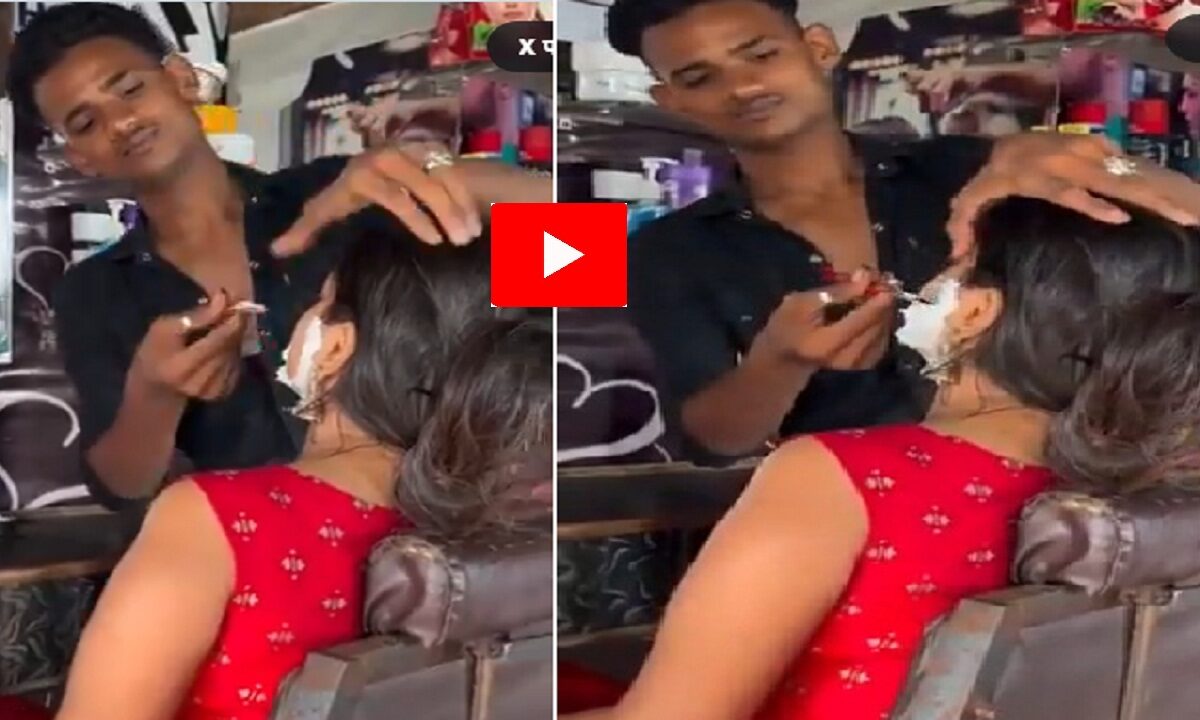 girl getting shave in barber shop